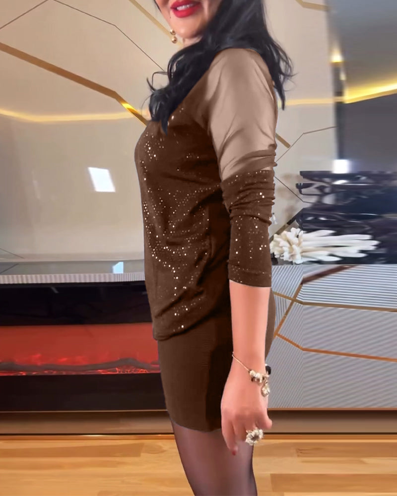 Top sexy V-Ausschnitt Mesh und einfarbig Pailletten