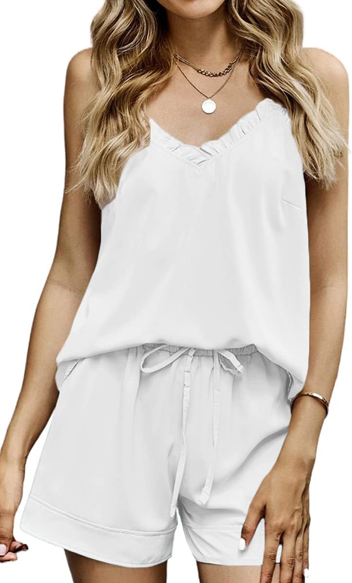 CHYRII Women's Sexy Silk Satin Pajamas Sets Lace Trim Cami Tops Shorts Sleepwear