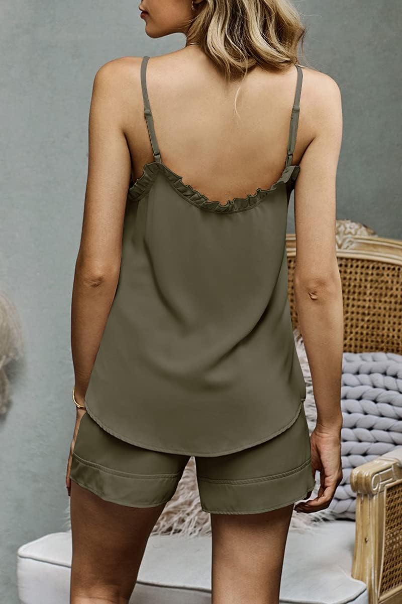 CHYRII Women's Sexy Silk Satin Pajamas Sets Lace Trim Cami Tops Shorts Sleepwear