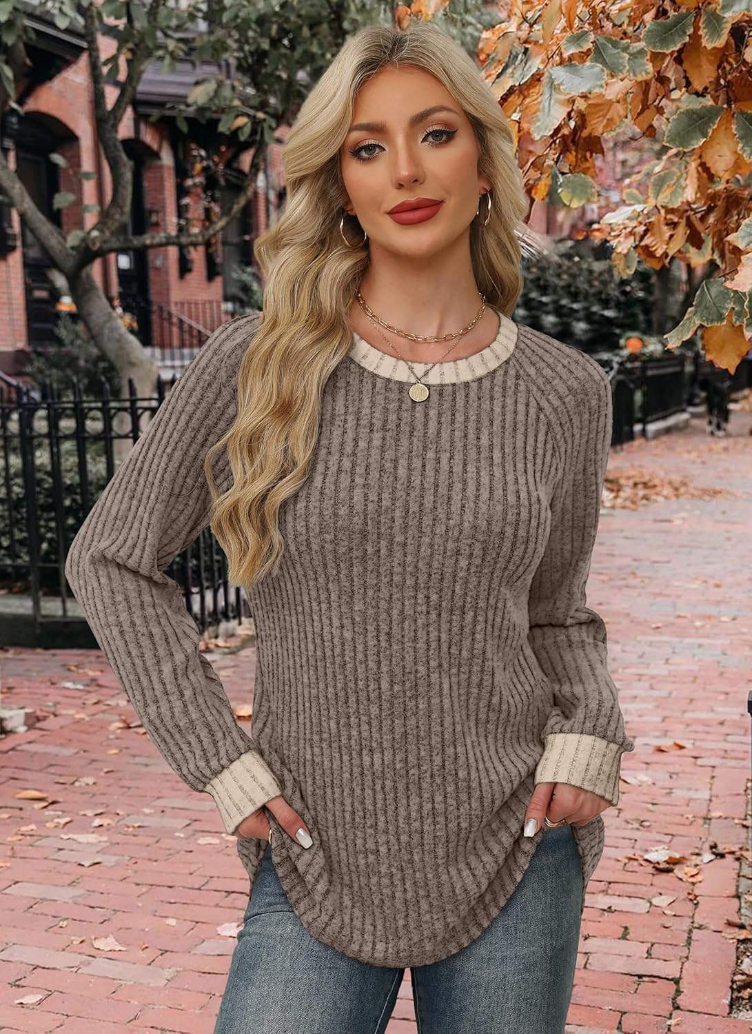 Contrast Ribbed Knit Sweater