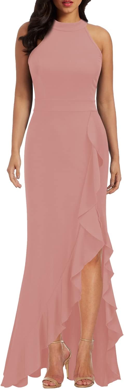 WOOSEA Women's High Neck Split Bodycon Mermaid Evening Cocktail Long Dress