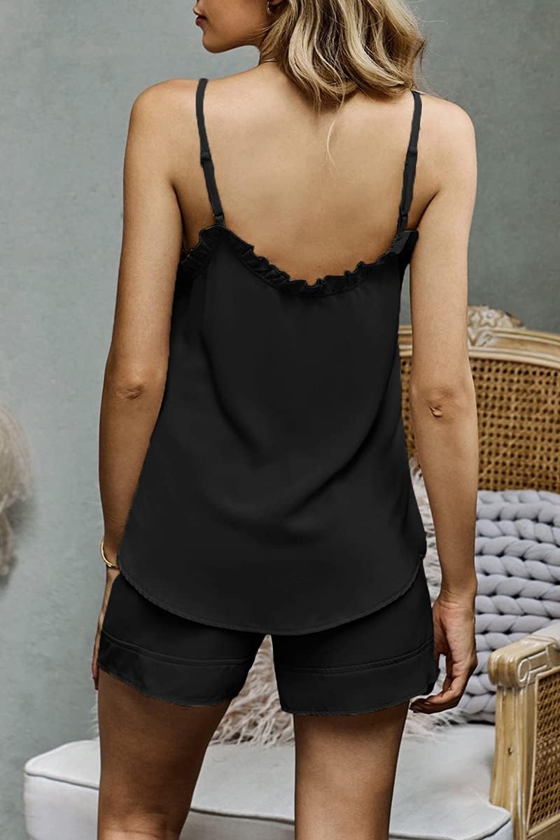 CHYRII Women's Sexy Silk Satin Pajamas Sets Lace Trim Cami Tops Shorts Sleepwear