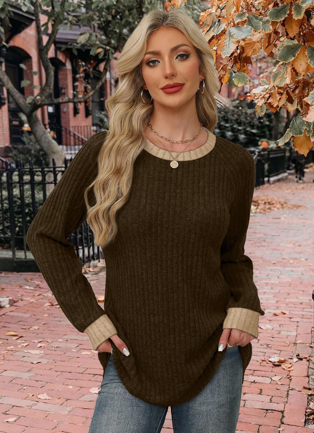 Contrast Ribbed Knit Sweater