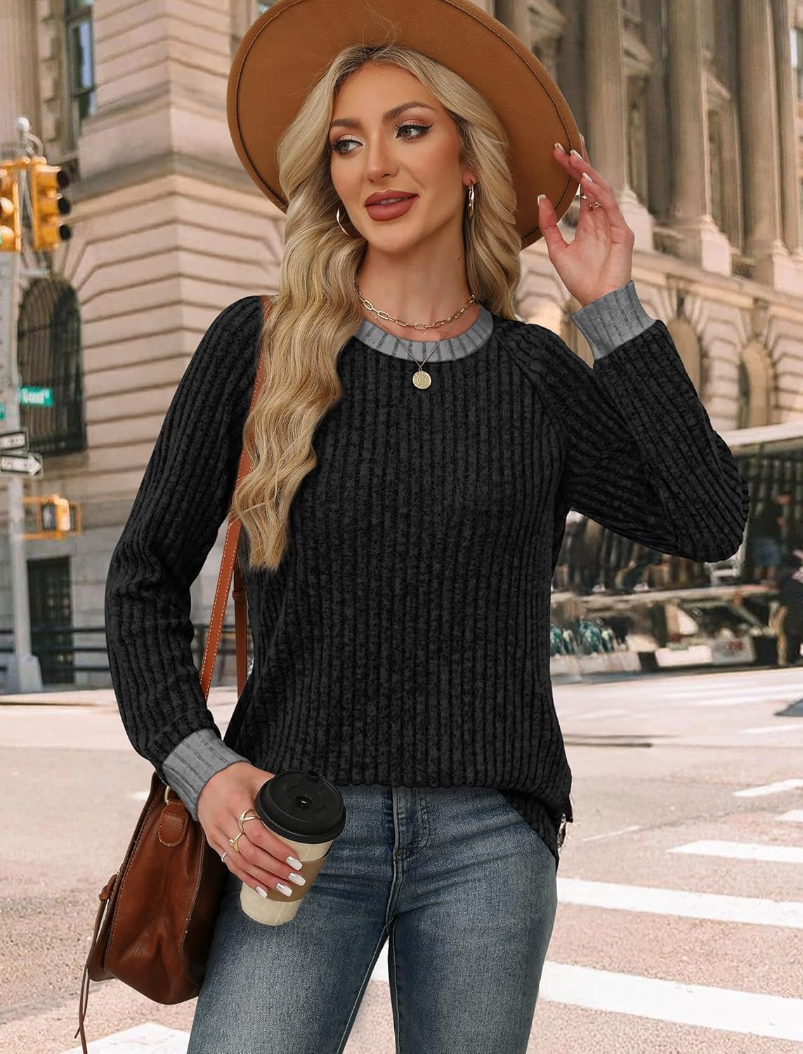 Contrast Ribbed Knit Sweater