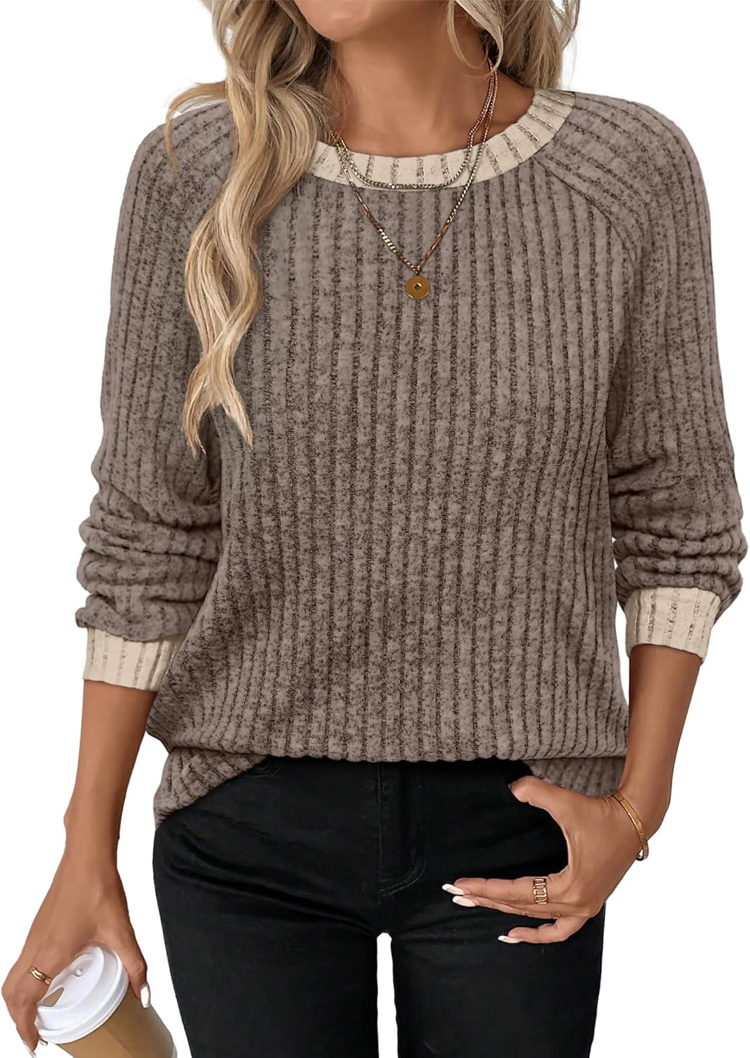 Contrast Ribbed Knit Sweater