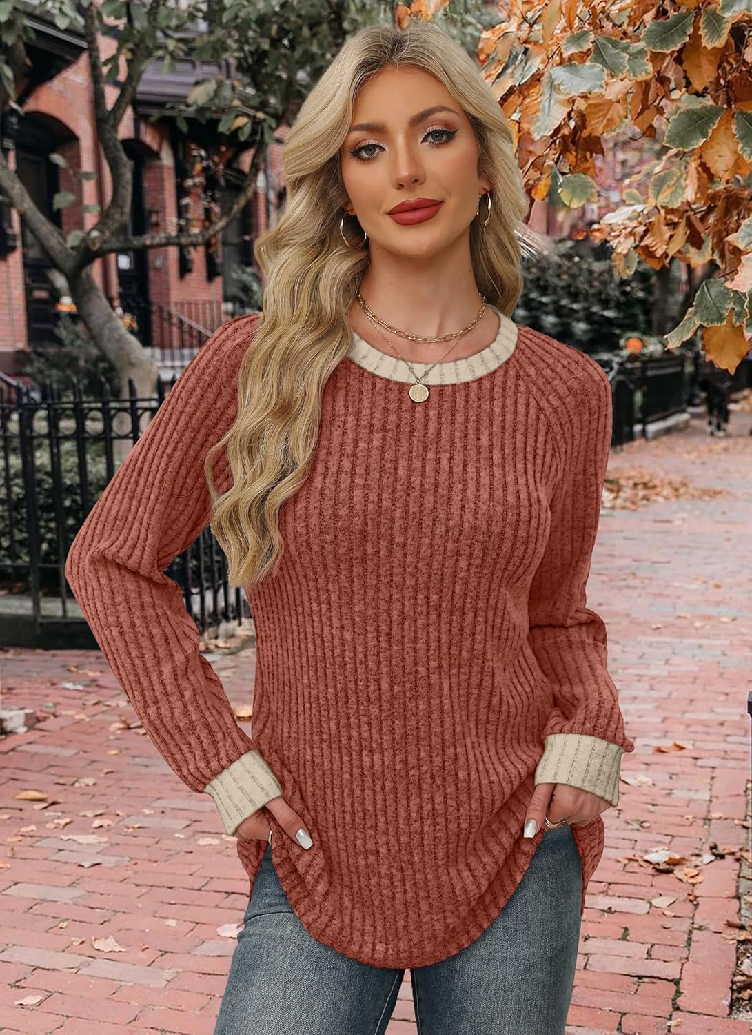 Contrast Ribbed Knit Sweater