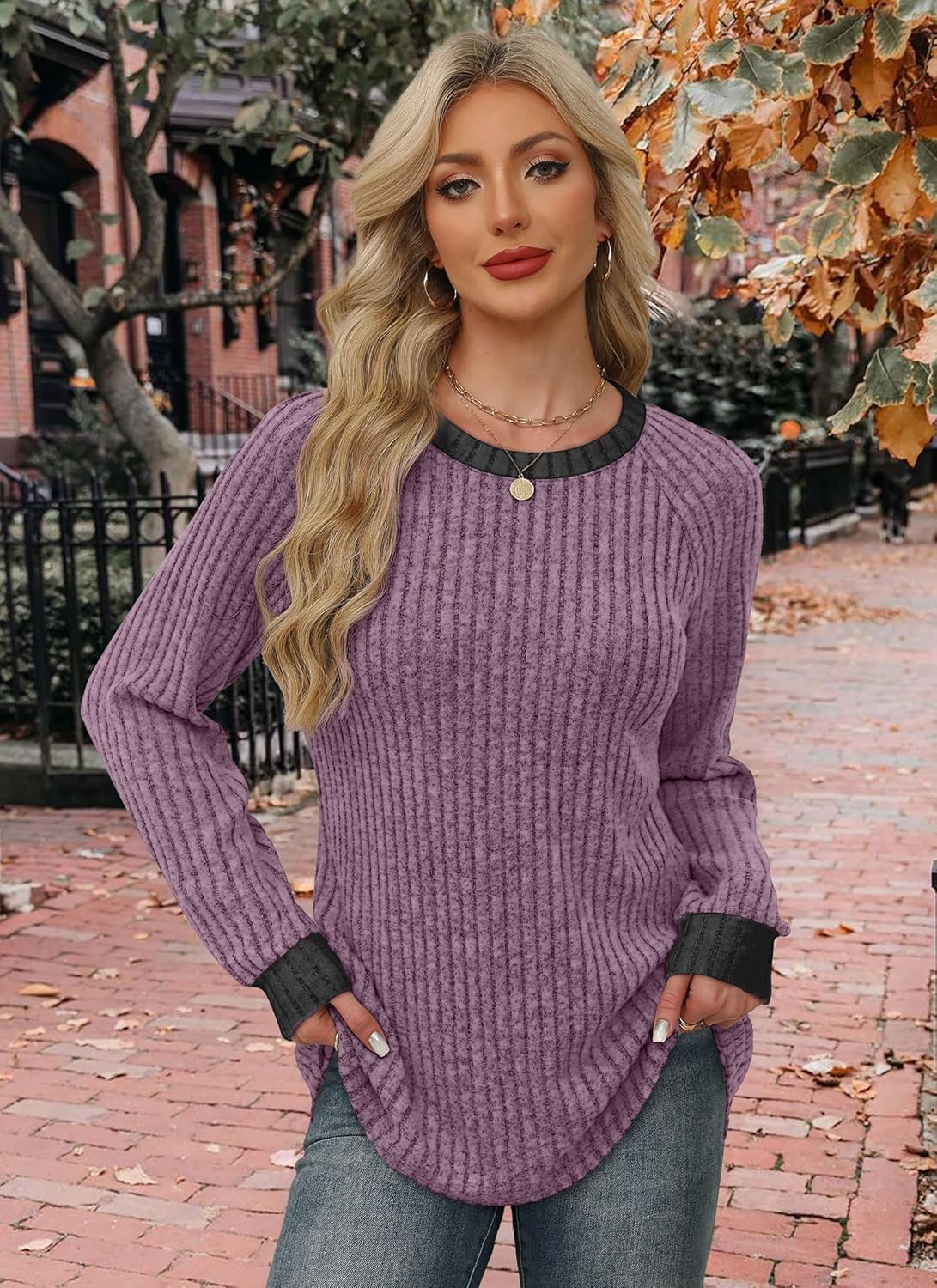 Contrast Ribbed Knit Sweater